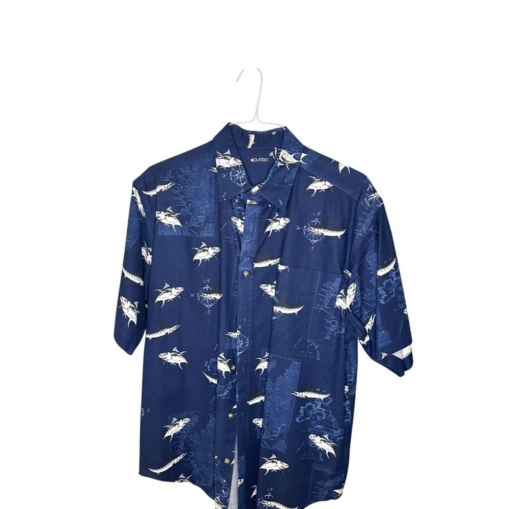 Puritan Mens Large Navy Blue Cotton Fishing‎ Shirt Marlin Tuna Map Print S/S